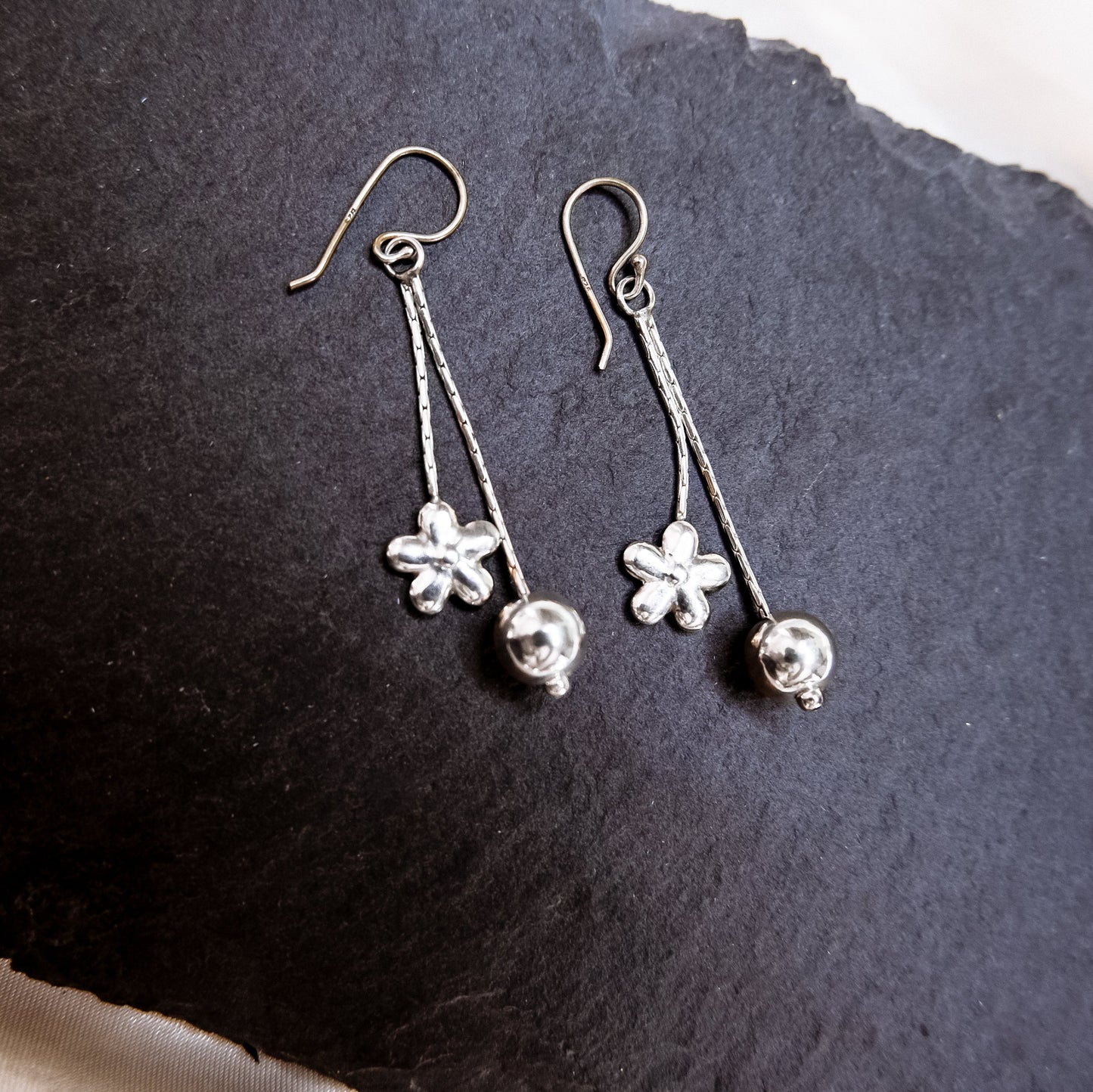 Silver Bloom – Petite Floral Drop Earrings