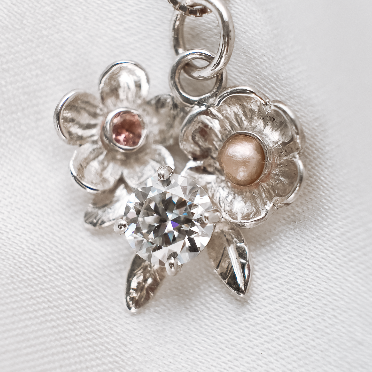 Floral Cluster Necklace – Tourmaline, Moissanite & Pearl (One of a Kind)