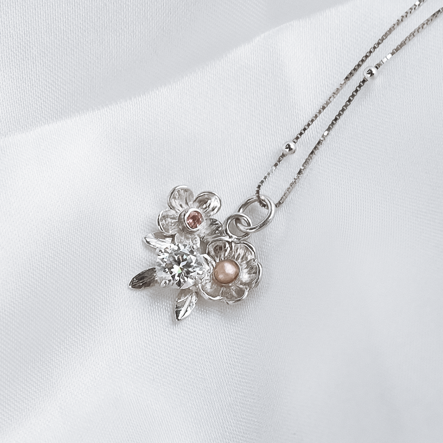 Floral Cluster Necklace – Tourmaline, Moissanite & Pearl (One of a Kind)