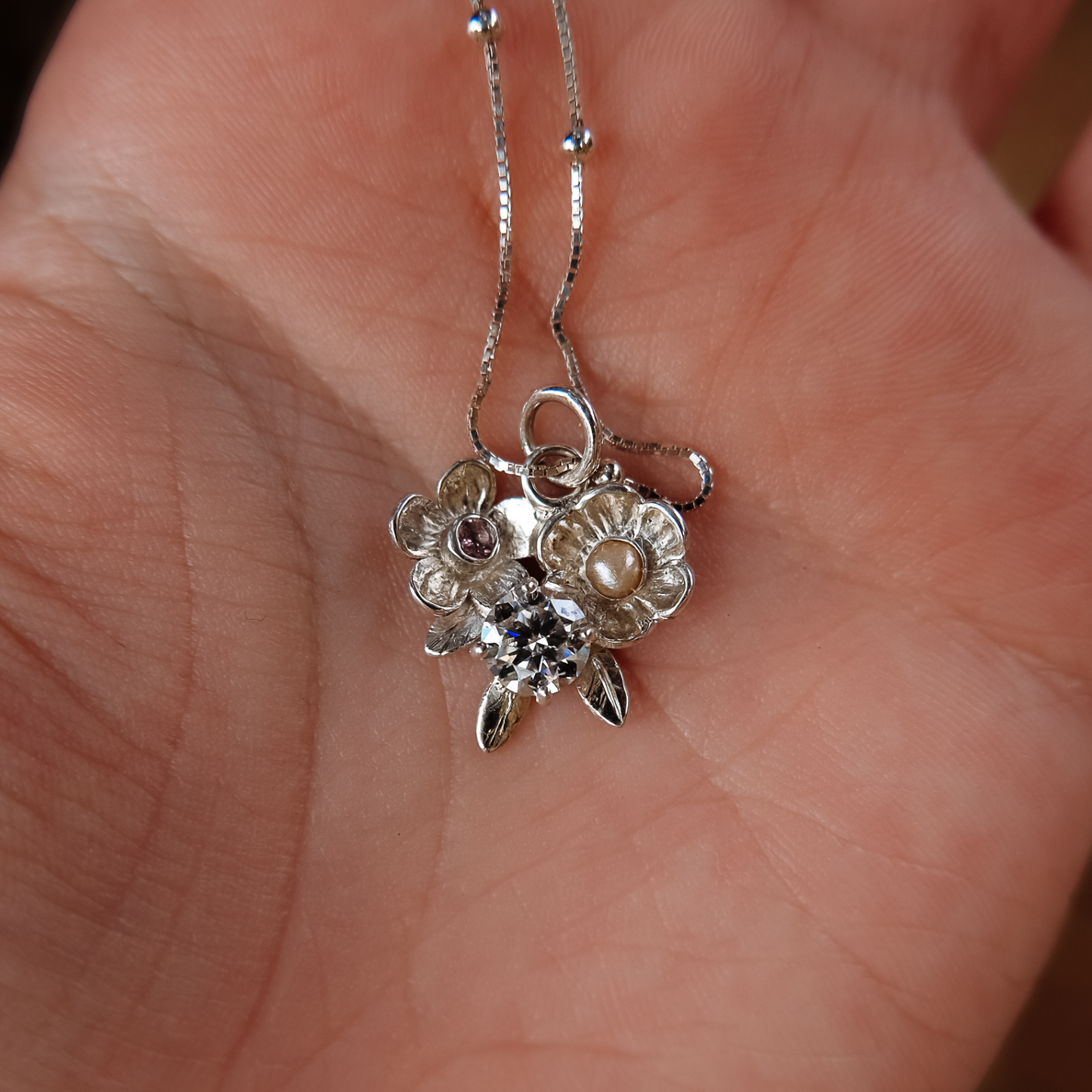 Floral Cluster Necklace – Tourmaline, Moissanite & Pearl (One of a Kind)