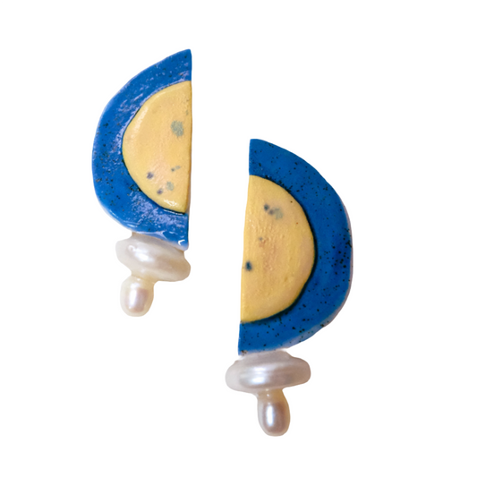 Artistic Pearl Clay Stud Earrings Dark Blue & Yellow